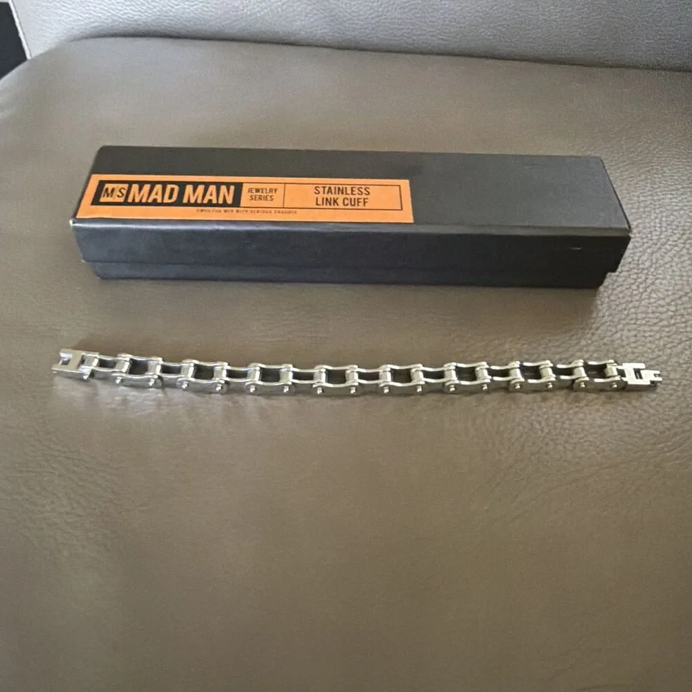 Mad Man Men’s Stainless Steel Link Cuff Bracelet Industrial Chain NIB 8.75”